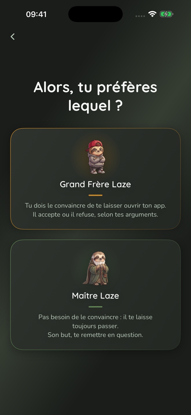 Écran de choix entre Grand Frère Laze et Maître Laze dans l’application.
