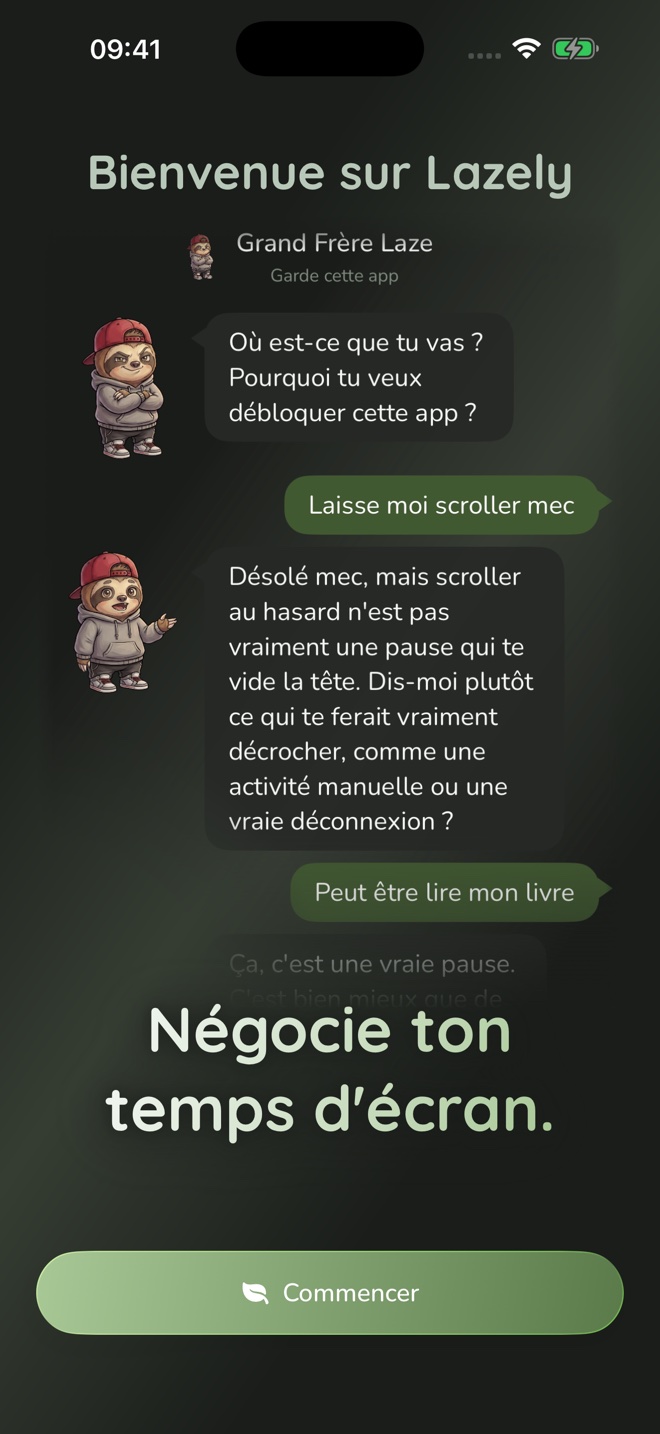 Écran d’accueil de Lazely avec un exemple de conversation avec Grand Frère Laze.